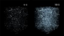 Side by side image of computer visualizations of the universe
