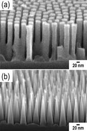 Side view scanning electron microscope image of a silicon surface textured with (a) cylindrical pillars and (b) nanocones.