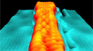 Scanning tunneling microscopy image shows a variable-width graphene nanoribbon. Atoms are visible as individual “bumps.”