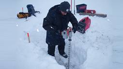 Alex Kholodov (University of Alaska, Fairbanks) uses an electric auger to prepare holes for water wells at NGEE Arctic Sites in Barrow, Alaska.