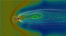 This graphic shows the magnetic field surrounding the Earth and how it reacted to energy and plasma from a solar flare caused by magnetic reconnection. 