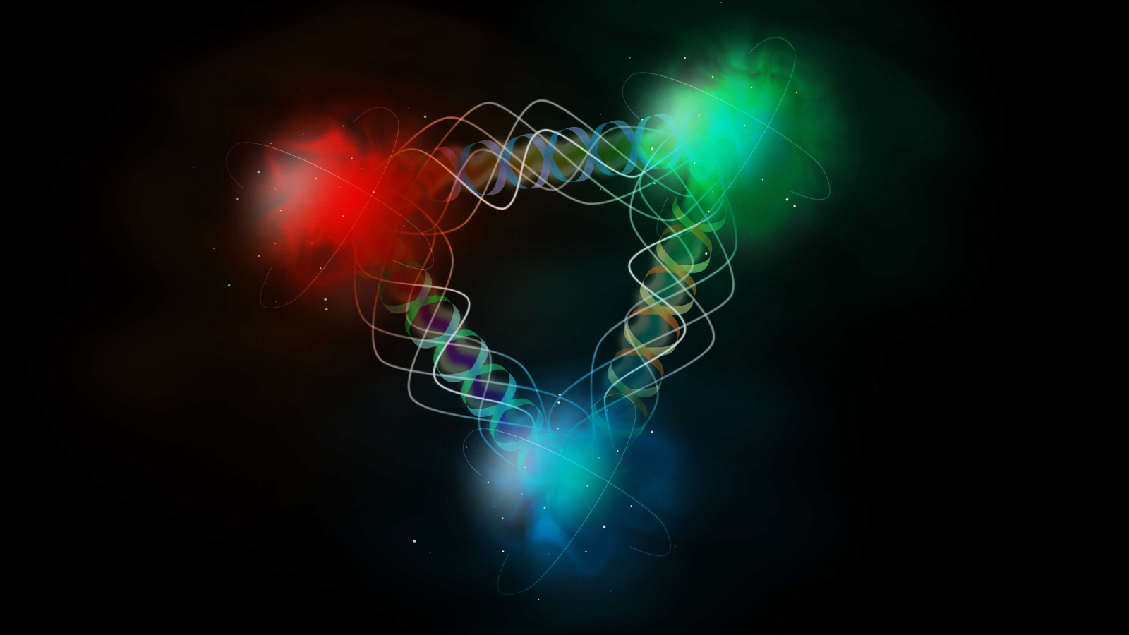 Argonne is working with other DOE national laboratories on the planned Electron Ion Collider, which will probe how subatomic quarks (shown here in red, blue and green) interact through the exchange of gluons (shown as wiggly helices). (Image courtesy of Shutterstock.)