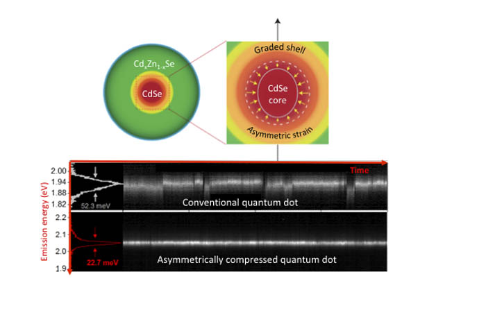 January 10, 2019 x Novel colloidal quantum dots are formed of an emitting cadmium/selenium (Cd/Se) core enclosed into a compositionally graded CdxZn1-xSe shell wherein the fraction of zinc versus cadmium increases towards the dot's periphery. Due to a directionally asymmetric lattice mismatch between CdSe and ZnSe, the core, at top right, is compressed more strongly perpendicular to the crystal axis than along it. This leads to modifications of the electronic structure of the CdSe core, which beneficially affects its light-emission properties. Bottom image: Experimental traces of emission intensity from a conventional quantum dot (upper panel) and a novel asymmetrically compressed quantum dot (lower panel) resolved spectrally and temporally. The emission from the conventional quantum dot shows strong spectral fluctuations (“spectral jumps” and “spectral diffusion”). The emission from the asymmetrically compressed quantum dots is highly stable in both intensity and spectral domains. In addition, it shows a much narrower linewidth, which is below the room-temperature thermal energy (25 meV).