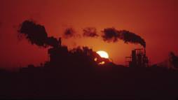 An image of a sunsetting and a smokestack.