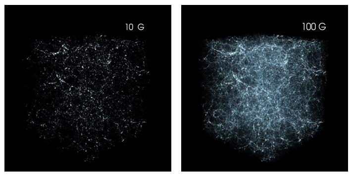 Two light blue on black neural type networks, with the second more dense than the first.