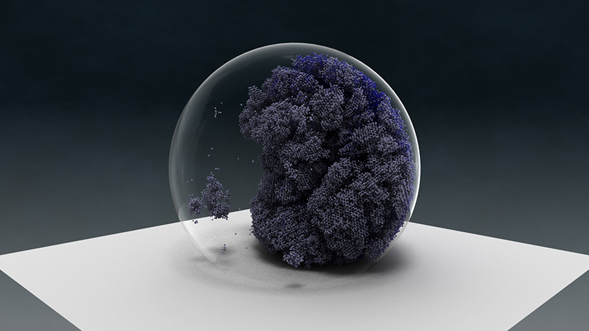 Glass sphere with a dark gray sponge like mass filling the right side.