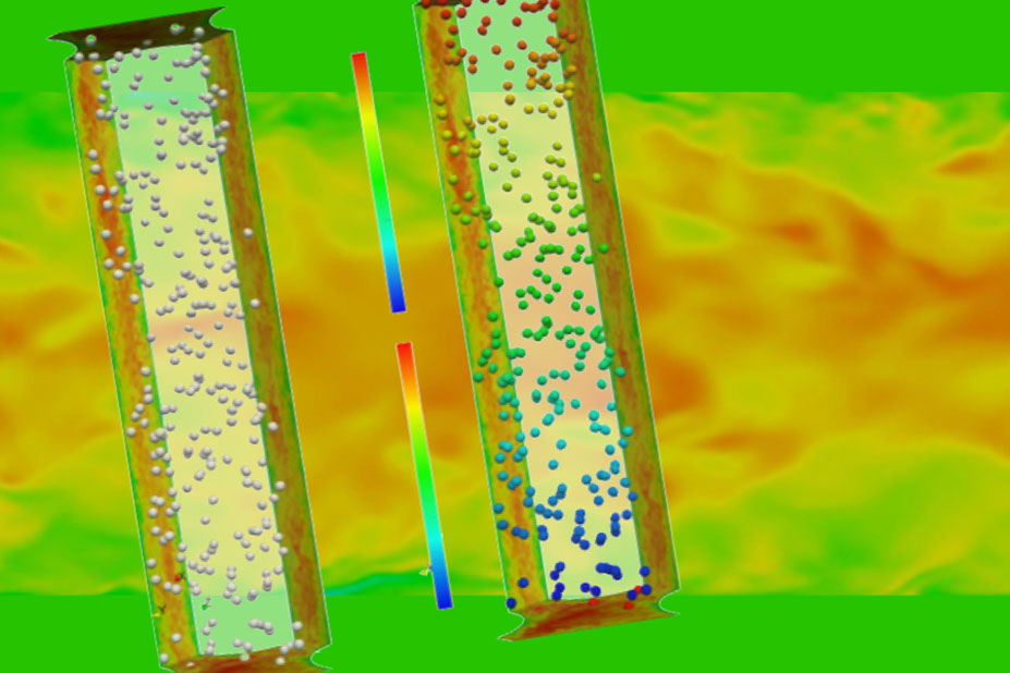 Simulating Turbulent Bubbly Flows in Nuclear Reactors - two particle chambers and a spectrum on top of a heat like flow with a green background