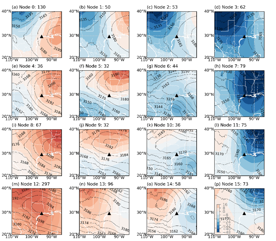 Composite of geopotential heights [m] (contours) and anomalies (colors) at 700 Hectopascal (hPa) of air pressure for each SOM node. These nodes help unpack how high- and low-pressure systems and other climate factors contribute to Texas rainstorms.