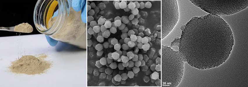 From left to right: (a) T300 catalyst developed by Ames Laboratory researchers, (b) scanning and (c) transmission electron microscopy images of catalytic nanoparticles.