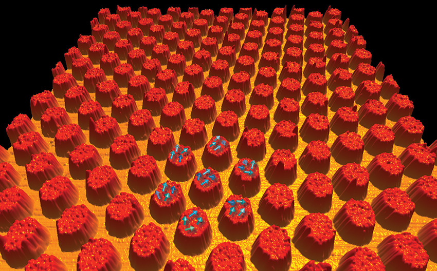 Atomic force microscope (AFM) micrograph of arrays niobium islands (red) on gold underlayer (yellow)