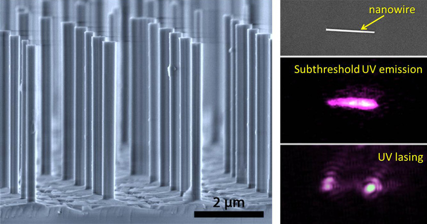 Array of gallium nitride (GaN) nanowires fabricated by Sandia-developed top-down method.