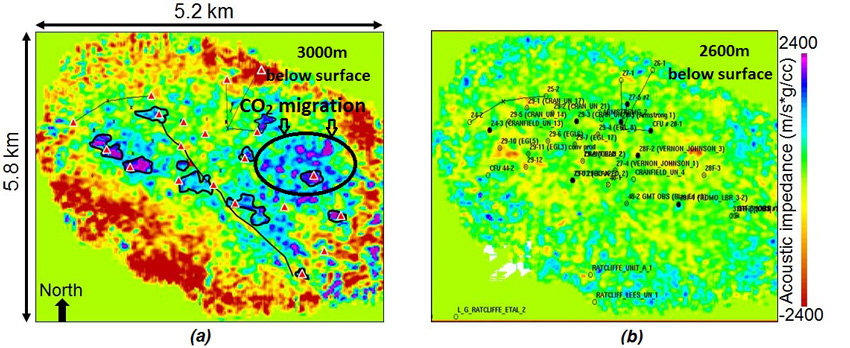 High resolution inverted seismic images of CO2 migration at the Cranfield, Mississippi field injection site.
