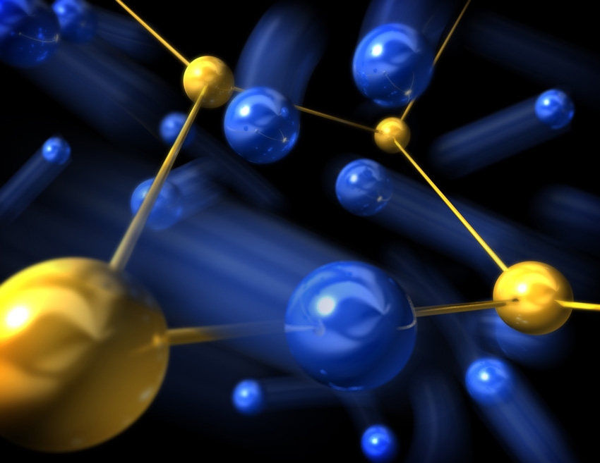 Depiction of superionic phase of copper (blue) diffusing through the sulfur (yellow) sublattice.