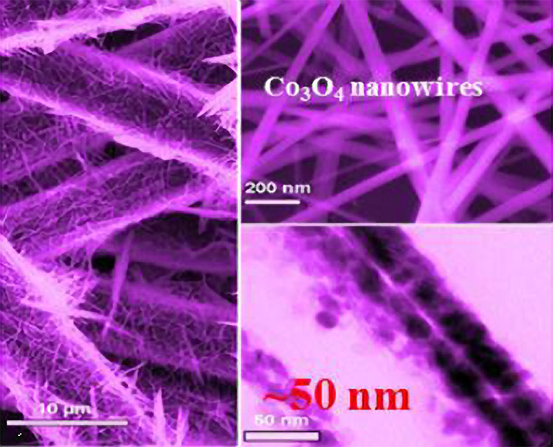 Scanning electron microscopy of conductive carbon fibers coated with metal oxide nanowires...