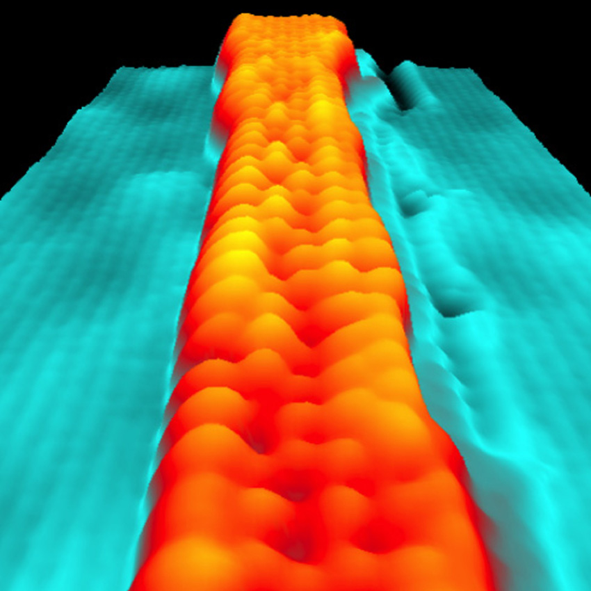 Scanning tunneling microscopy image shows a variable width graphene nanoribbon. Atoms are visible as individual “bumps.”