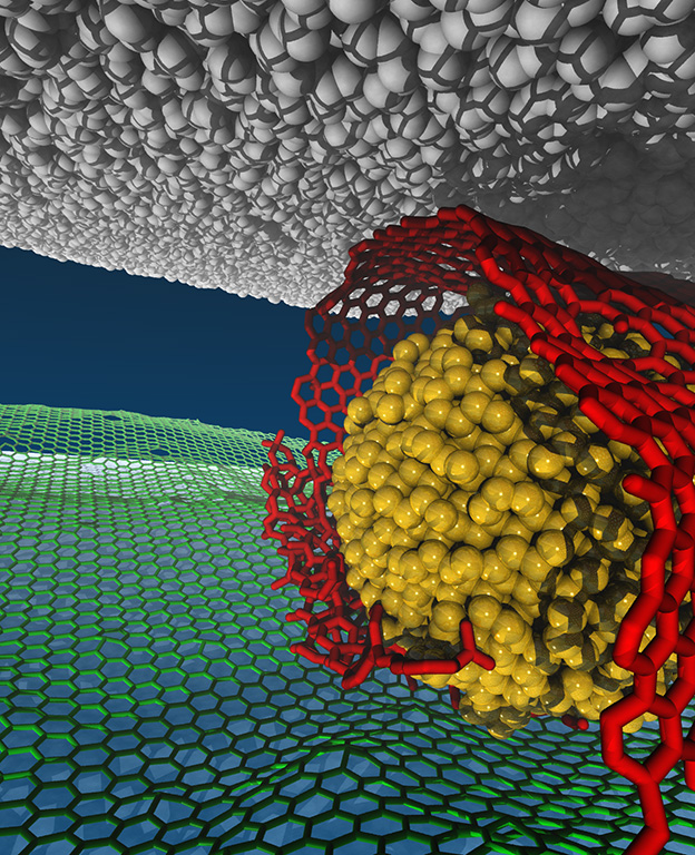 Visualized model of a superlubricity (low-friction) system: gold = nanodiamond particles; red = graphene nanoscroll; green = underlying graphene on silica; black = diamond-like carbon surface.