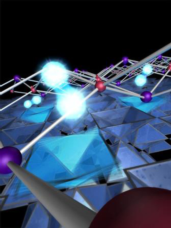 Artist conception highlights electron behavior in a single layer of iron-selenium atoms (red and purple) on a strontium titanate layer (blue pyramid shapes).