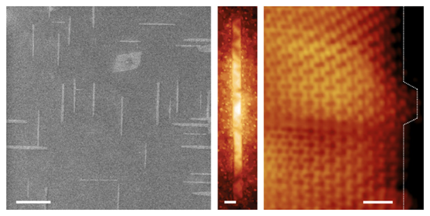 Progressively magnified images of graphene nanoribbons grown on germanium semiconductor wafers.