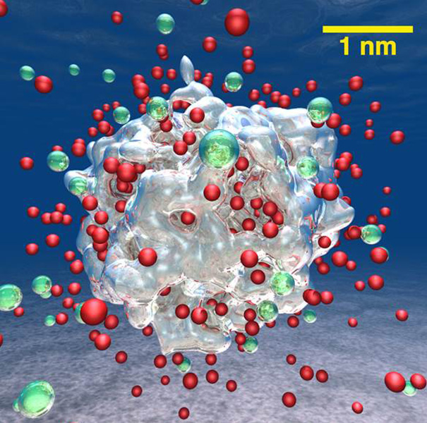 A snapshot from a large quantum molecular dynamics simulation of the production of hydrogen molecules (green) from an aluminum-lithium alloy nanoparticle containing 16,661 atoms (represented by the silver contour of charge density) and dissolved charged lithium atoms (red).