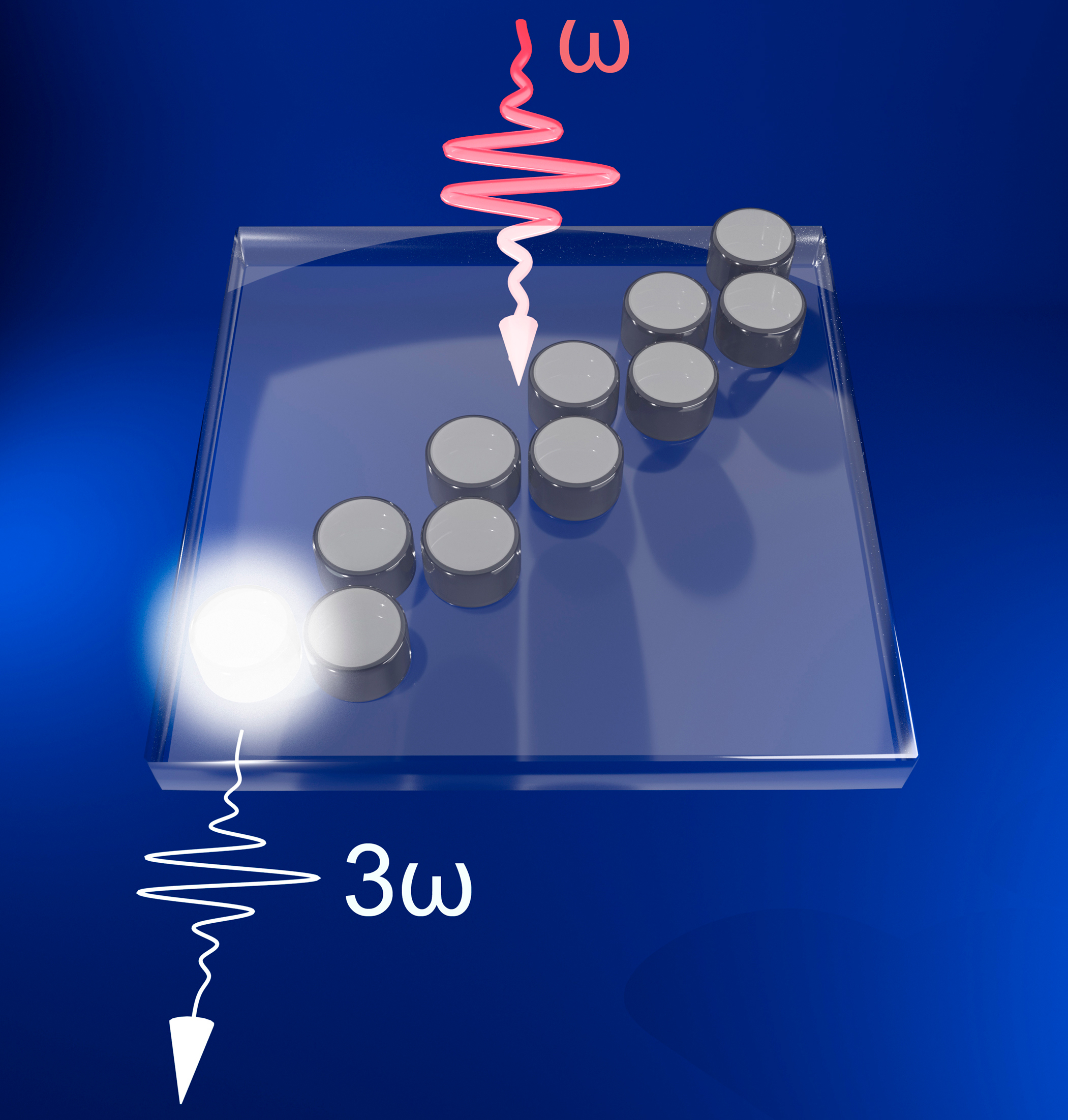 A graphic with a blue background, 10 gray spheres in two columns lined up at an angle across a trapezoid with a star of light in the lower left corner.
