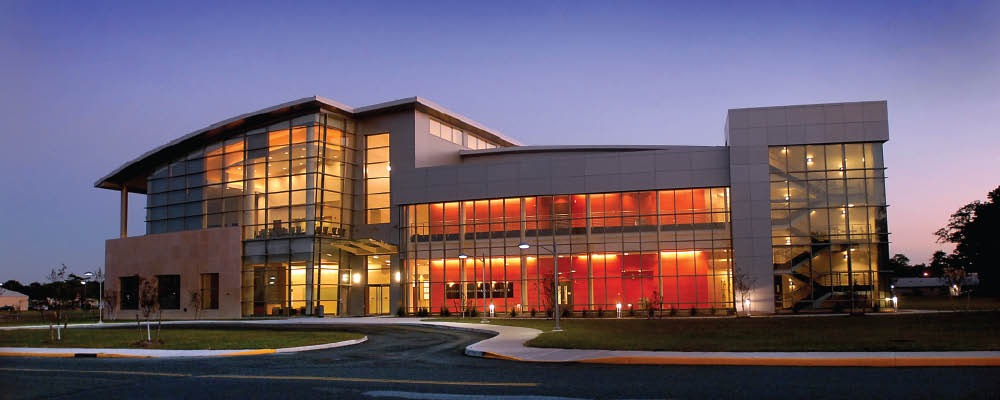 The Center for Functional Nanomaterials (CFN) at Brookhaven National Laboratory photographed at dusk.