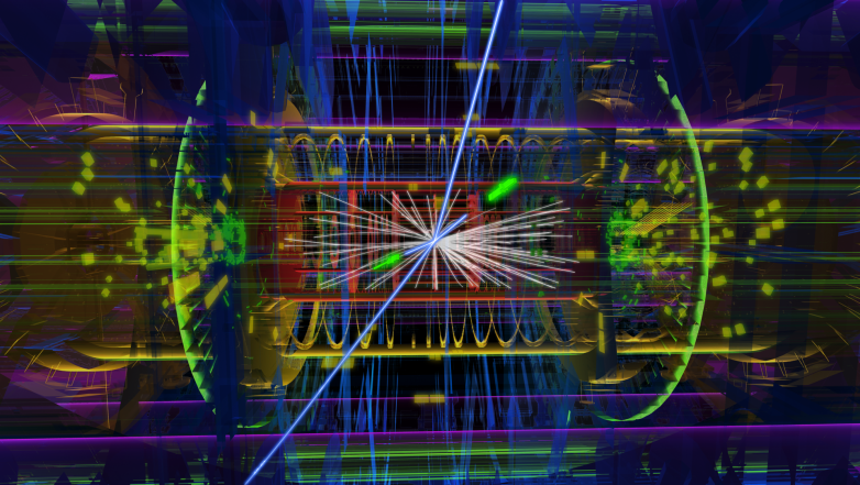Visualization of an actual proton collision within the ATLAS detector at the LHC, showing two muons (long blue lines) and two electrons (short blue lines matching green clusters of energy)